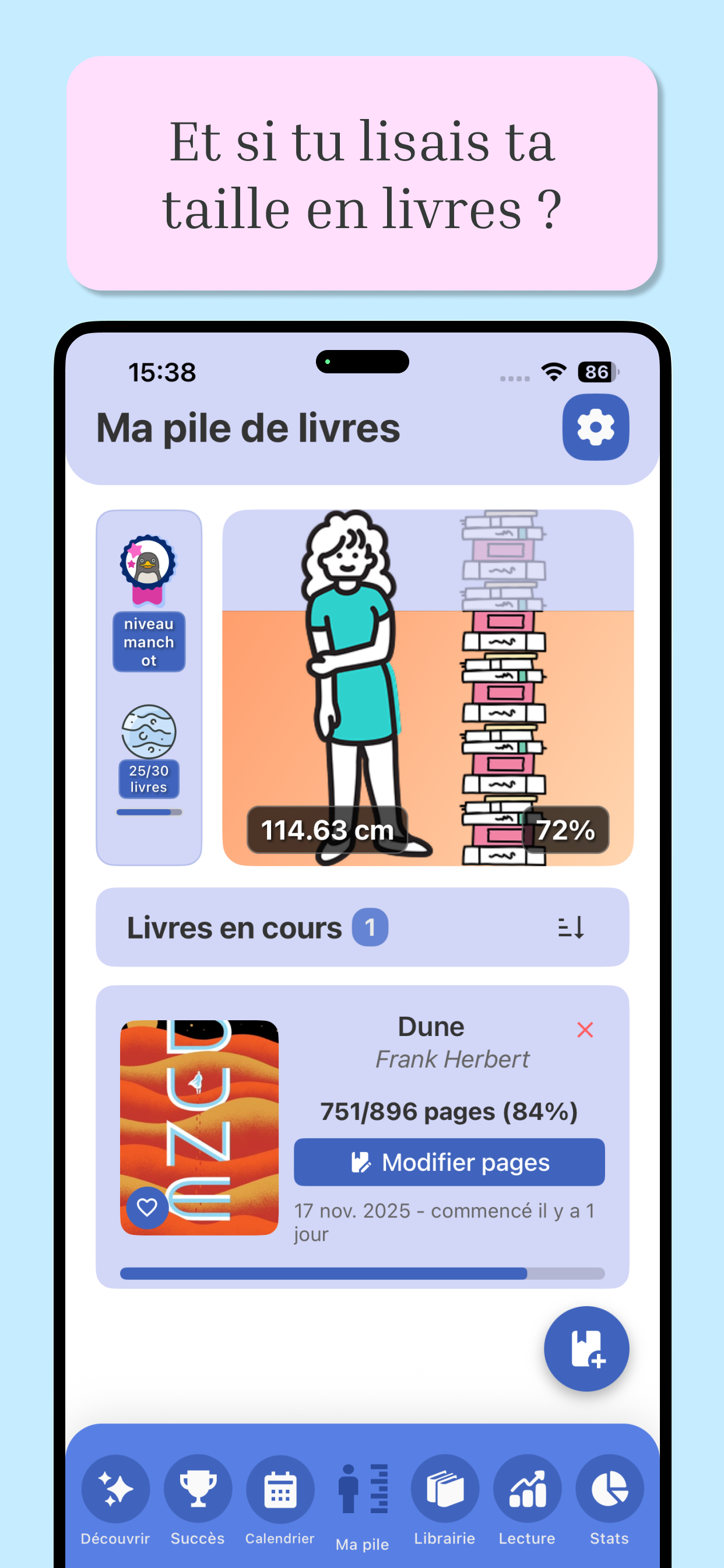 Application de gestion de bibliothèque Book Nova - tableau de bord de lecture avec suivi de progression